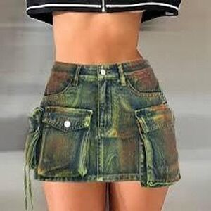 Y2K cargo utility denim mini skirt green‎ orange and blue denim. XL